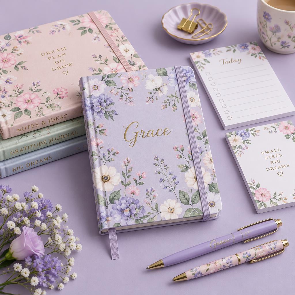 Personalised floral notebooks and notepads